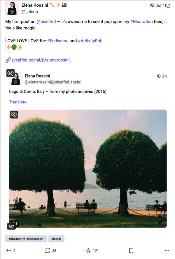 a screenshot of a toot I published on Mastodon about the experience of seeing my Pixelfed post appear on my Mastodon feed