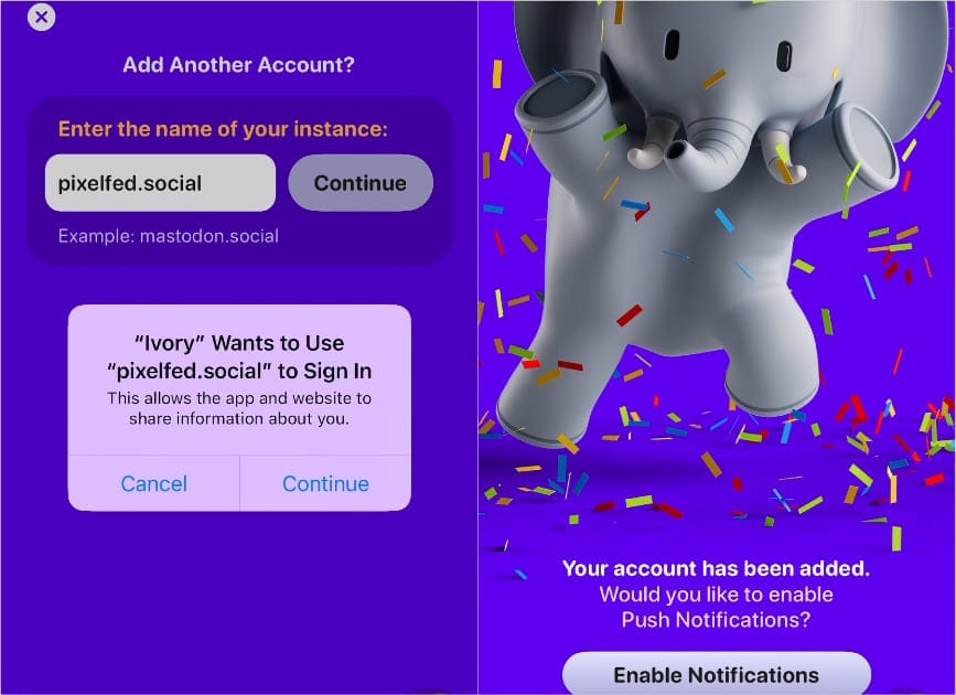 screenshots from my iPhone, showing the steps to add my Pixelfed account to Tapbots' Ivory
