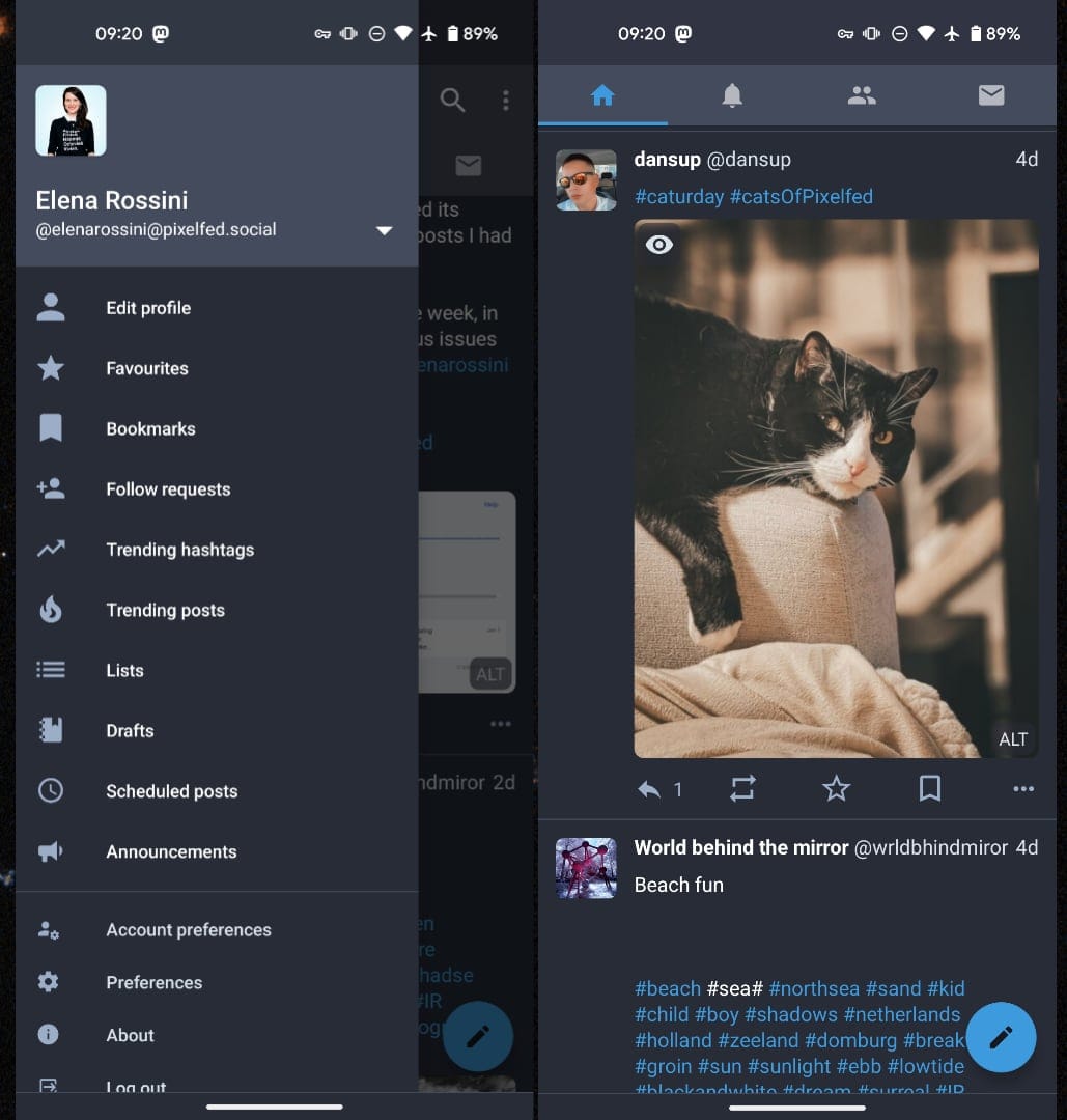 screenshots of how my Pixelfed account appears in the Mastodon Android app Tusky