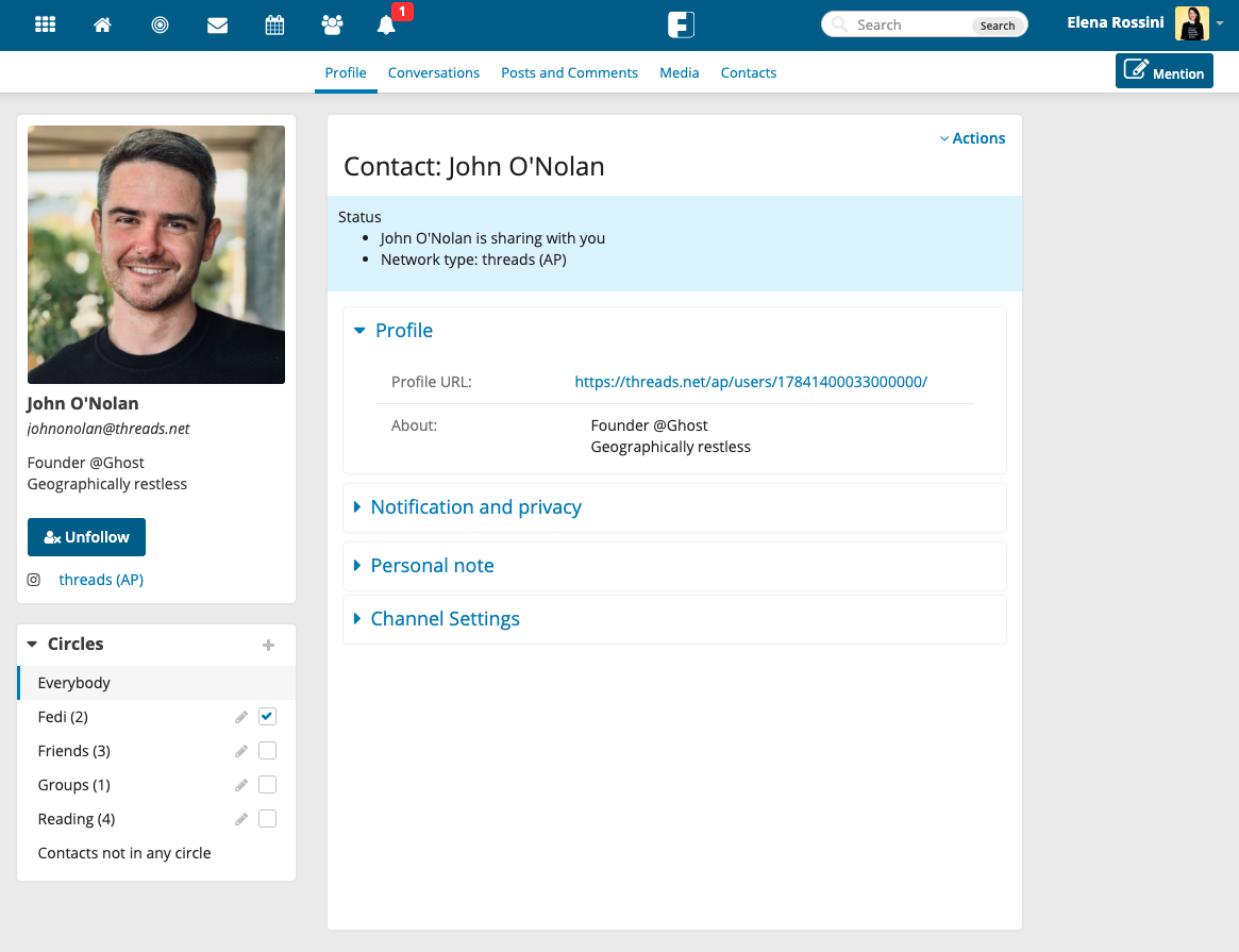 a screenshot of the contact page of Ghost founder John O'Nolan - showing how I added him to the Circle "Fedi"