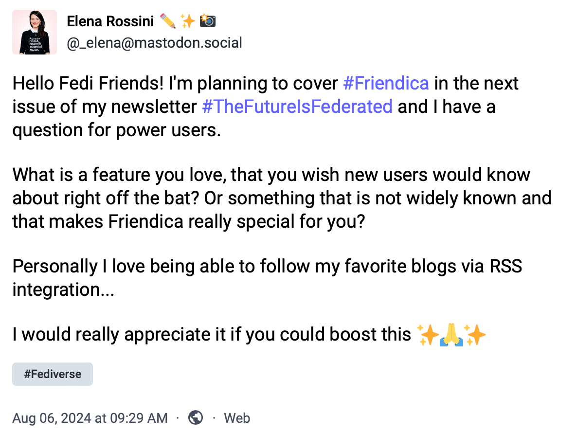 a screenshot of my toot asking Friendica power users for insights about the software