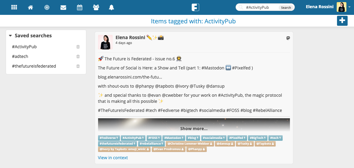 a screenshot of one of my Mastodon posts, showing how it appeared in Friendica, with hashtags and accounts mentioned grouped at the bottom in colored tabs