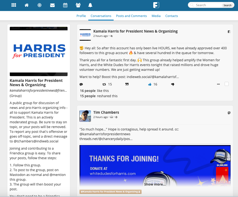 a screenshot of the Friendica page for the group "Kamala Harris for President News & Organizing"