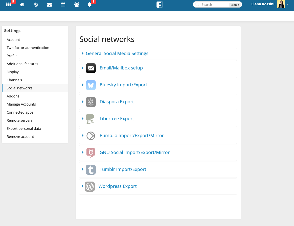 A screenshot of Friendica's settings page for Social Networks, showing all the import options available