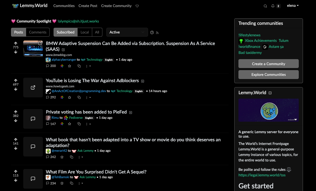 a screenshot of my lemmy.world homepage, showing posts from communities I "subscribed" to