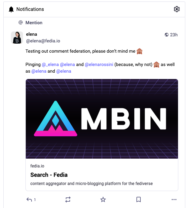 a screenshot of how a reply mention on an Mbin post showed up as a notification on Mastodon