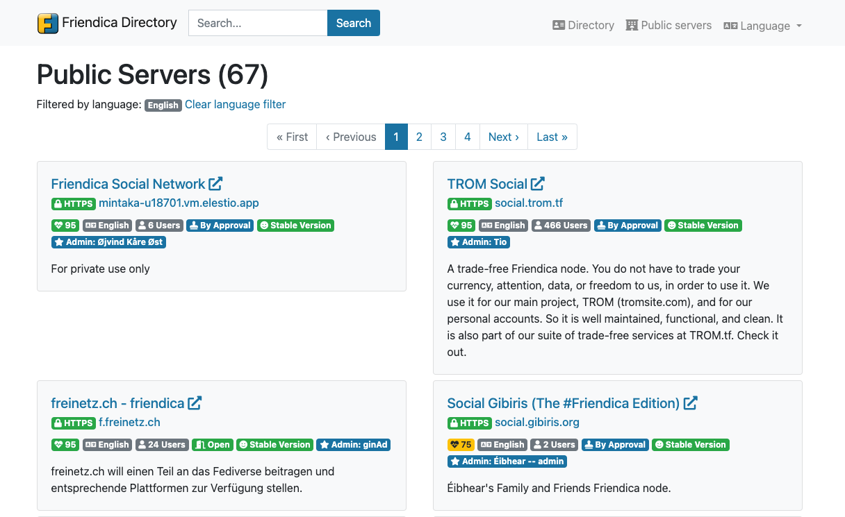 a screenshot showing Friendica's public servers list