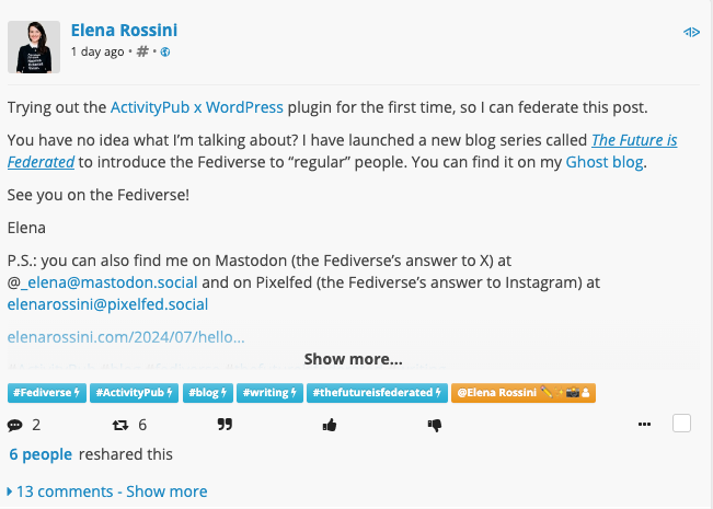 a screenshot of the federated blog post, as it appeared on Friendica