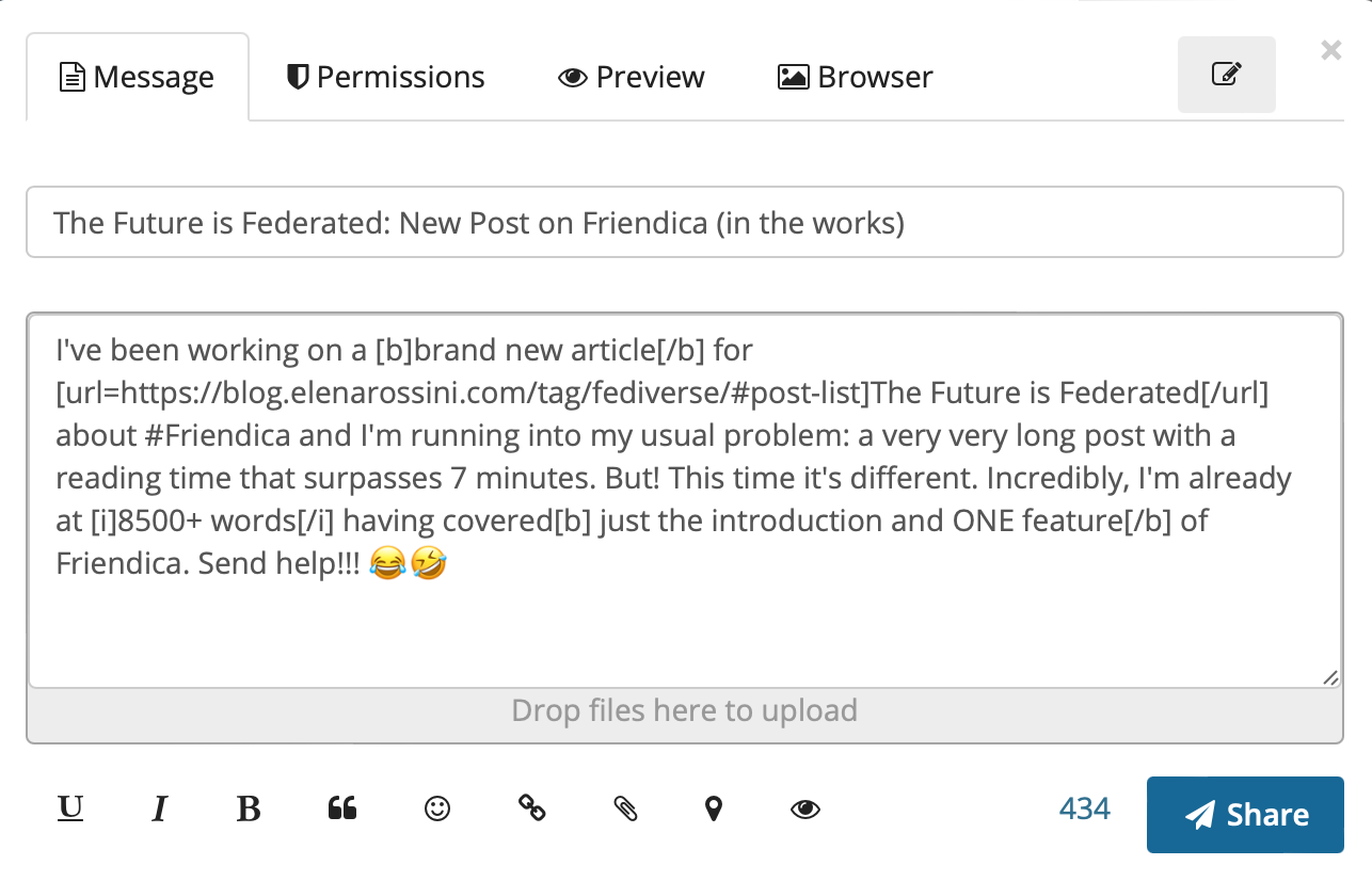 a screenshot of Friendica's post composition window, showing all its formatting options