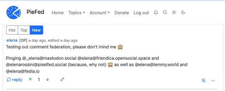 a screenshot of my piefed.social reply that mentioned my other Fediverse accounts. None of these mentions resulted in notifications