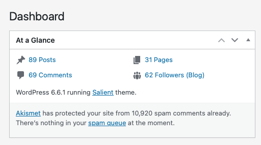 a screenshot of my Wordpress dashboard, showing the number of posts, comments, pages AND NOW blog followers!