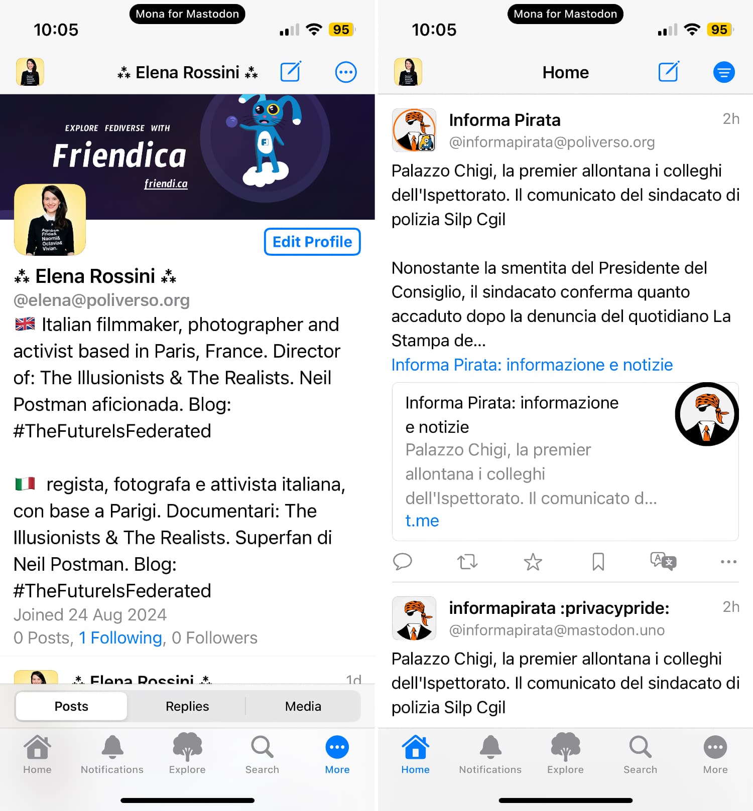 screenshots showing my Friendica account page and feed in the app "Mona for Mastodon"