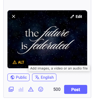A screenshot of the post compose window on the Mastodon web client. There is a photo attachment but no alt text so a yellow warning triangle followed by "ALT" appears in the lower left corner of the photo