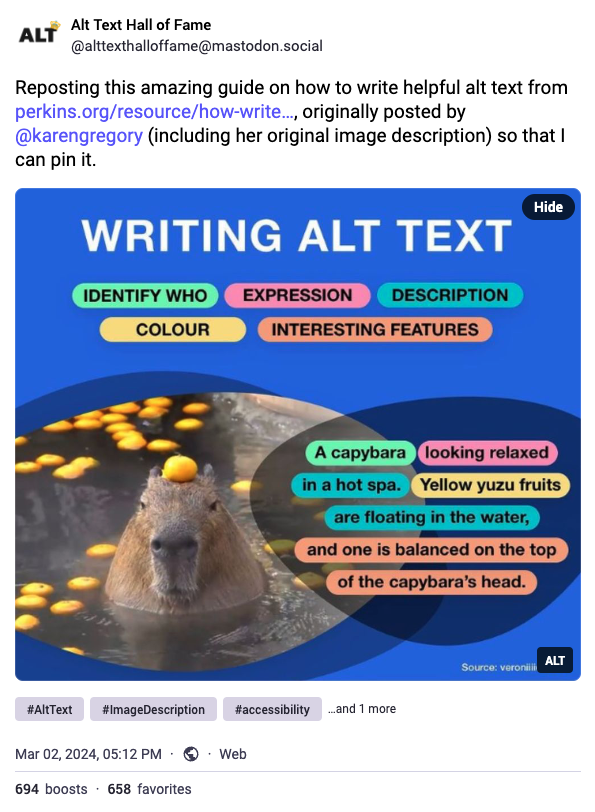 the screenshot of a toot by Alt Text Hall of Fame showing an infographic that explains how to write alt text: identify who, expression, description, colour, interesting features and the photo of a capybara