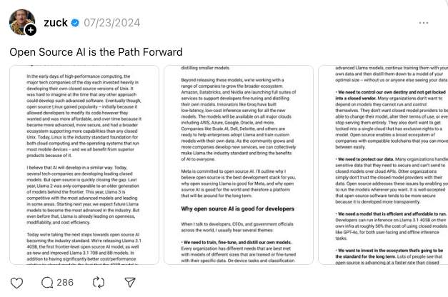 a screenshot of a post by Mark Zuckerberg on his Threads account that reads "Open Source AI is the Path Forward" followed by multiple screenshots of a long article