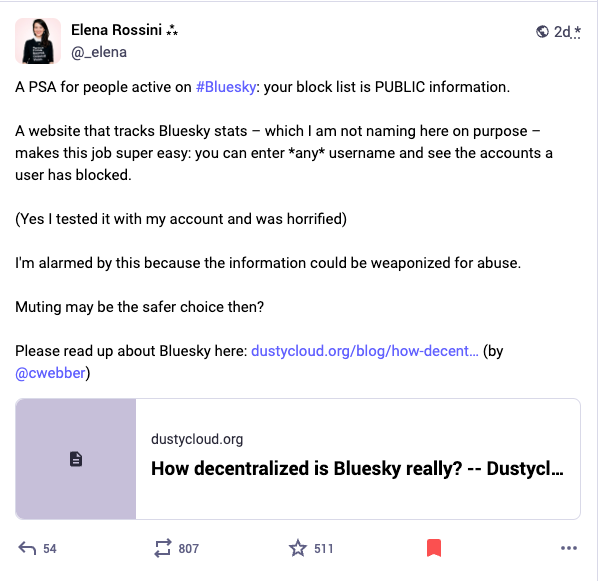 a screenshot of my Fediverse message about Bluesky (full text mentioned earlier) which received 54 replies, 807 boosts and 511 favorites