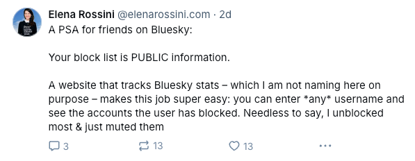 a screenshot of the same message ("PSA your block list is public information") posted on Bluesky