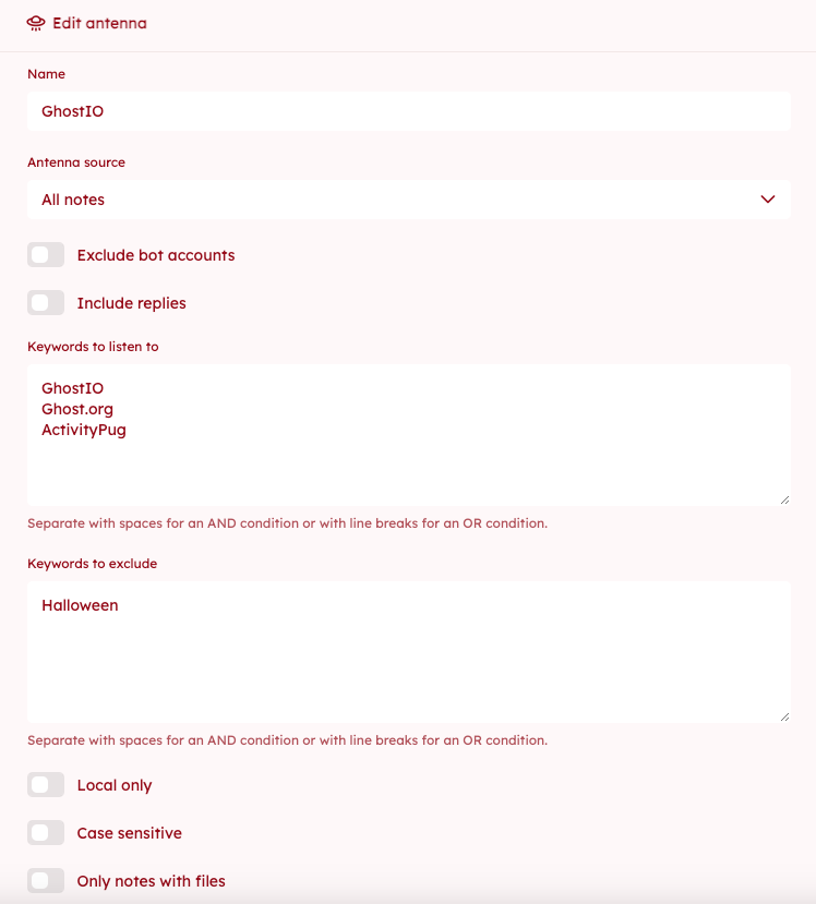 a screenshot showing how to set up an Antenna, specifying which keywords to include, exclude and with toggles such as case sensitive and notes with files only