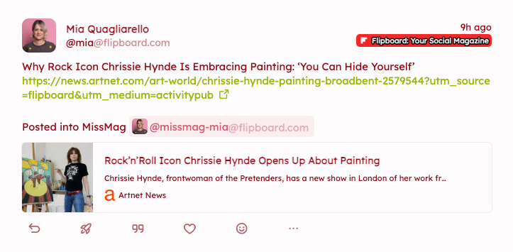 a screenshot showing the Flipboard instance badge on Mia Quagliarello's post