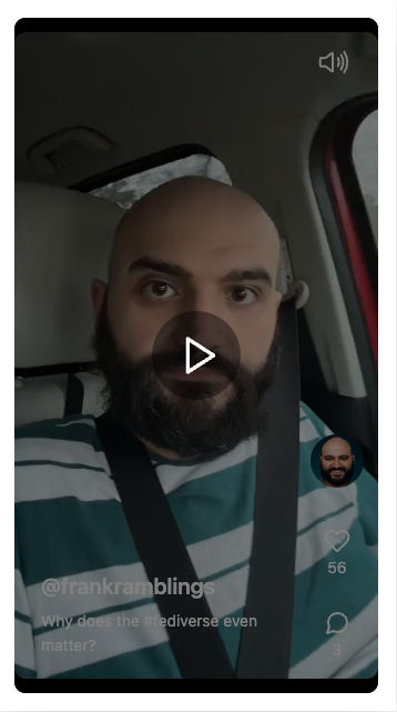 a screenshot of a Loops video by FrankRamblings about the Fediverse. He's a young man with a beard sitting in his car