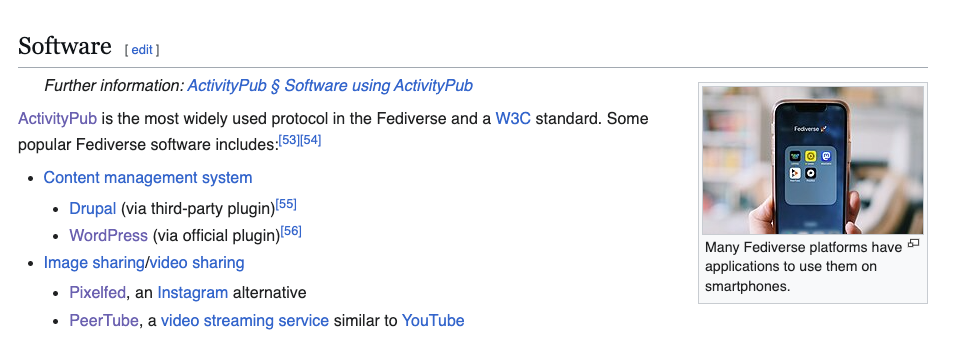 a screenshot from the Wikipedia entry for "Fediverse" that shows my photo embedded next to the Sofware section