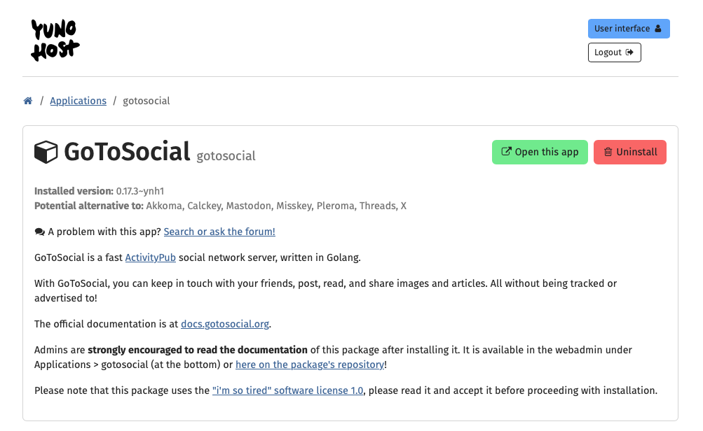 a screenshot of GoToSocial's description and installation page as it appears on YunoHost