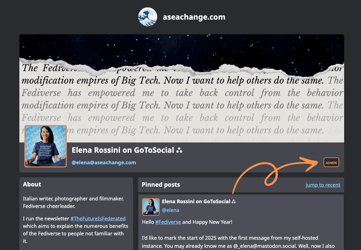 a screenshot of my GoToSocial homepage with the orange label admin