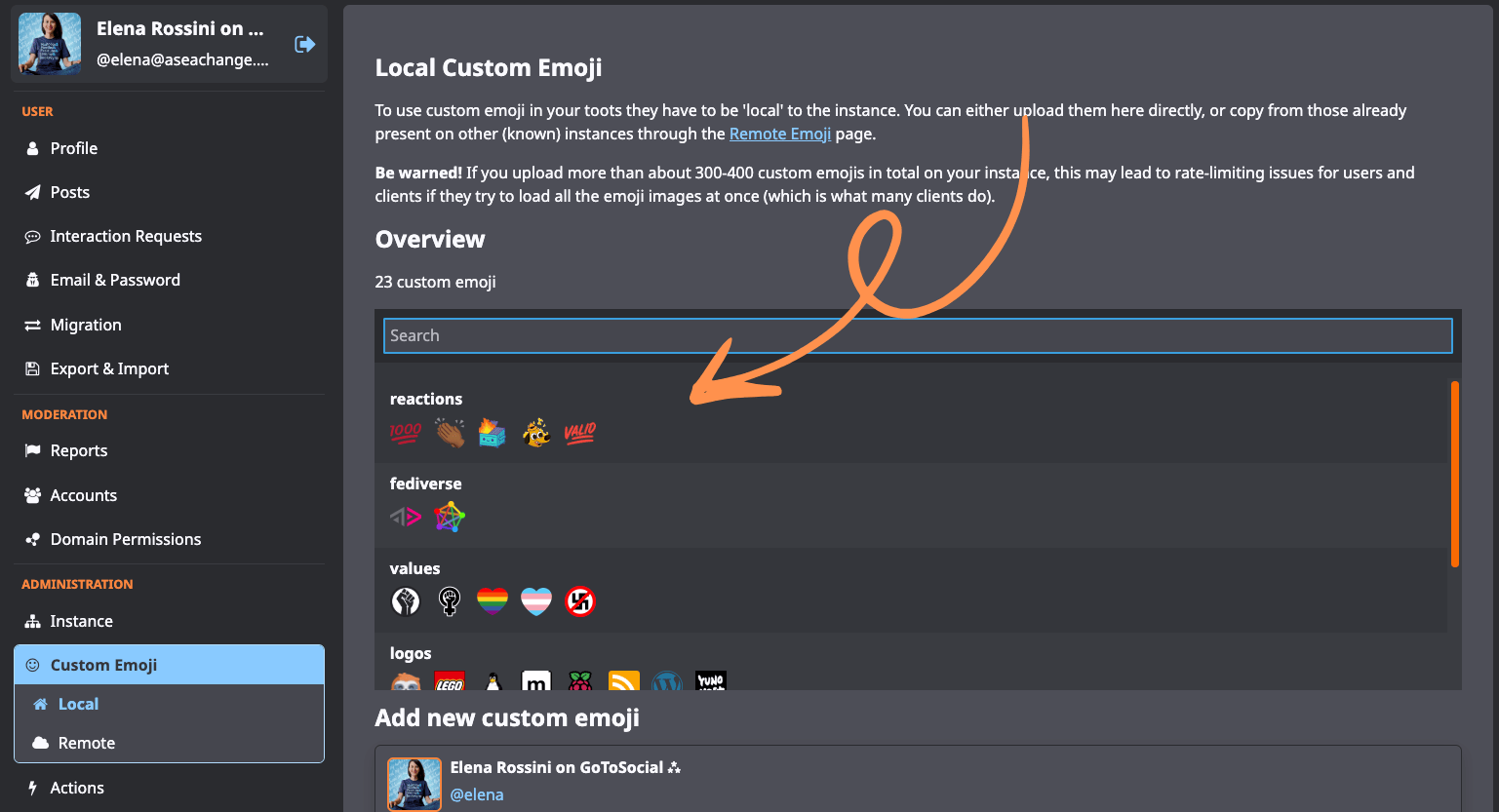 a screenshot from my GoToSocial admin dashboard that shows how I organize custom emojis. They are sorted in categories like: reactions, fediverse, values and logos