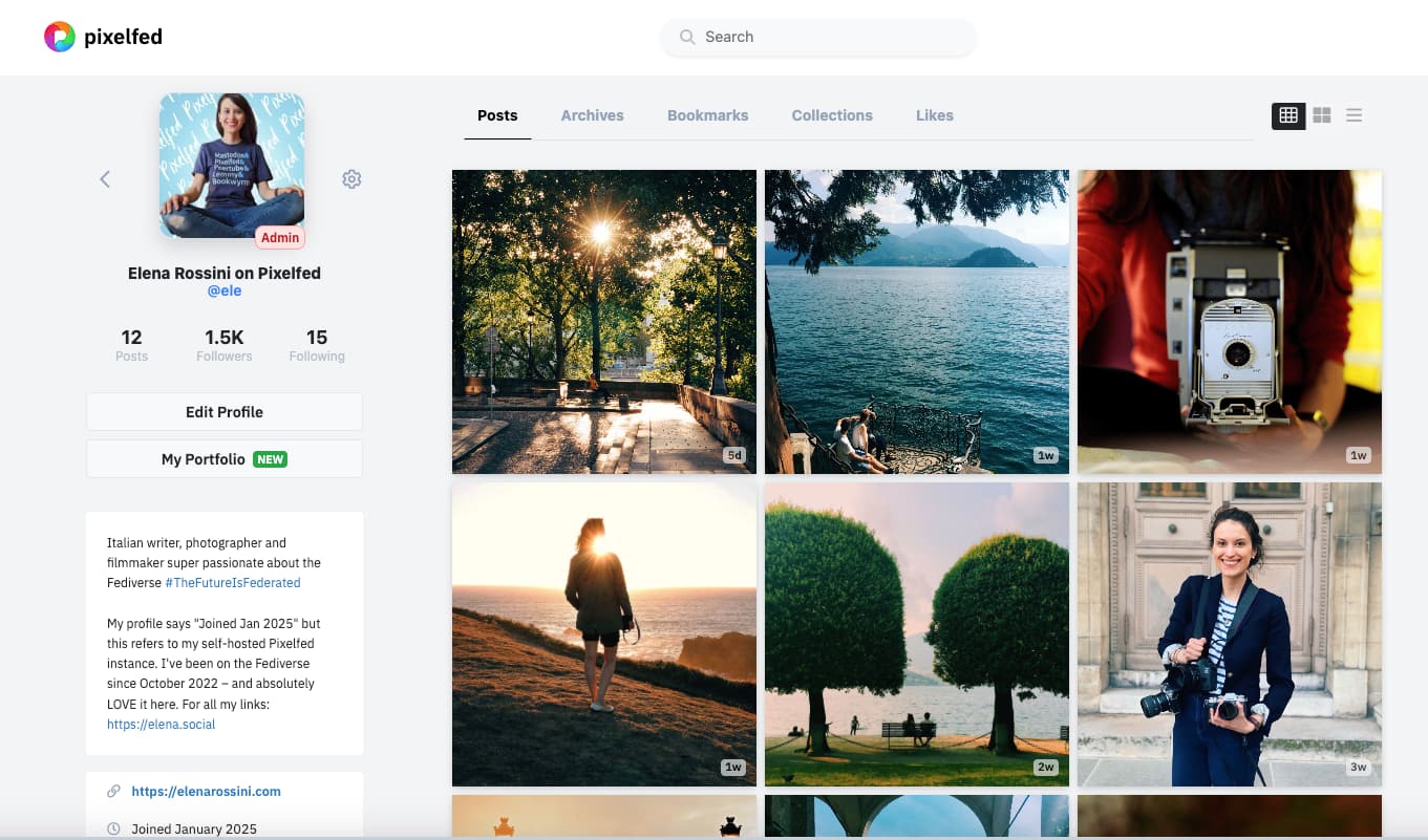 a screenshot showing my Pixelfed "grid": mostly my photos from Paris and Lake Como