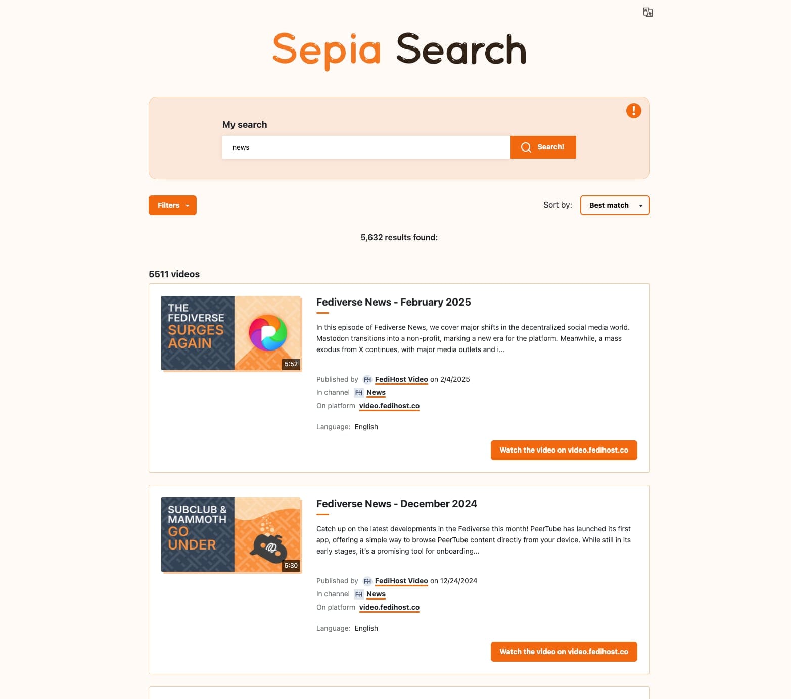 a screenshot showing the top results for the search "news" on Sepia Search. 5511 videos and two cards showing video previews: Fediverse News February 2025 and Fediverse News December 2024