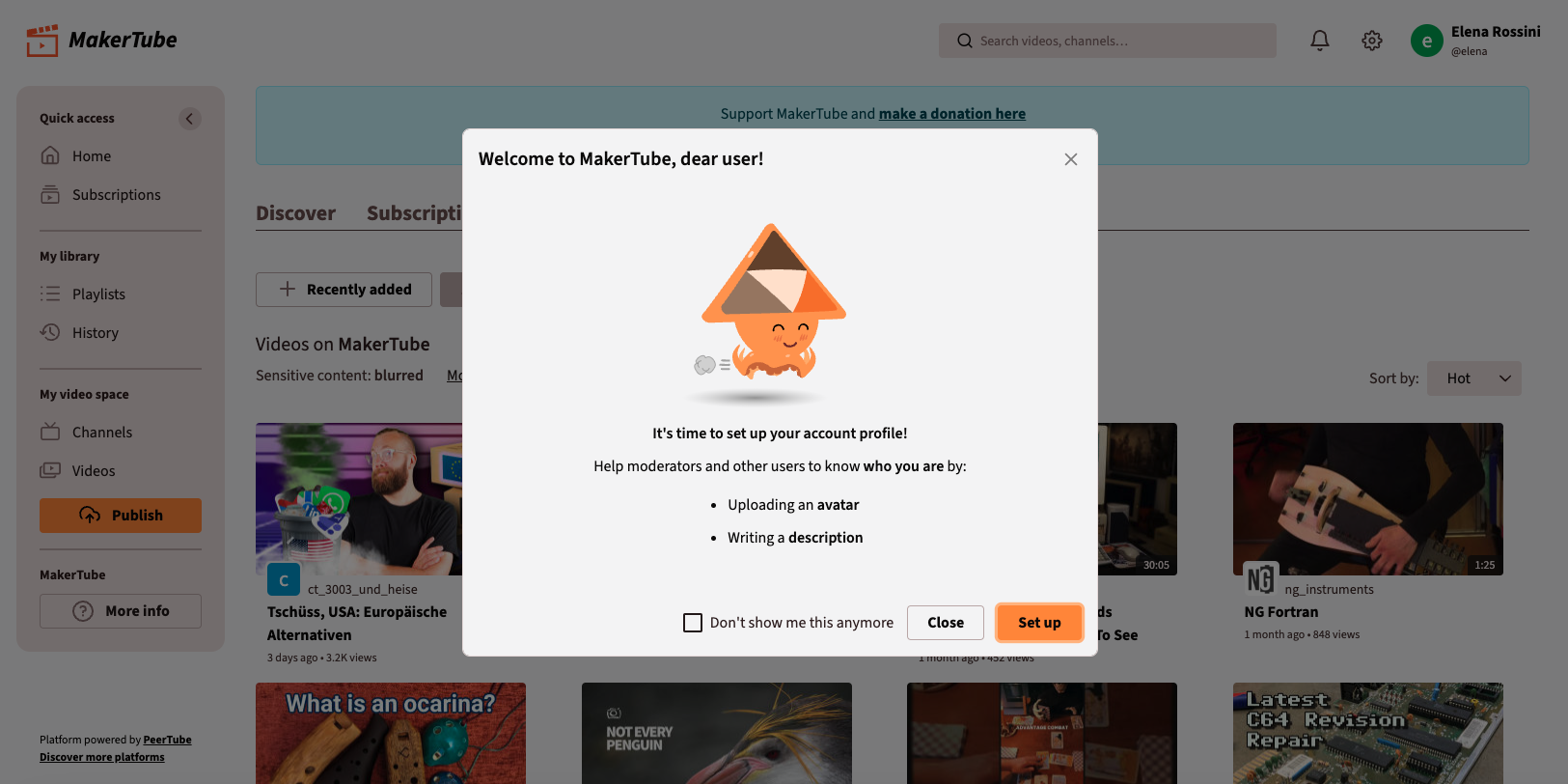 a screenshot of PeerTube's welcome screen with its orange octopus and a message encouraging users to upload an avatar and to write a description
