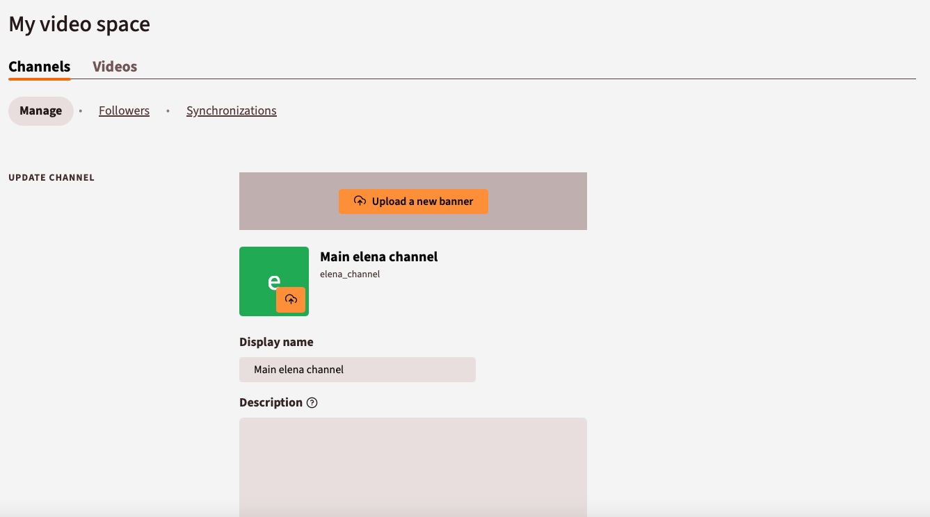 a screenshot of a profile page that reads "Manage - update channel" and encourages users to upload a banner and avatar and edit the display name of a channel and add a description