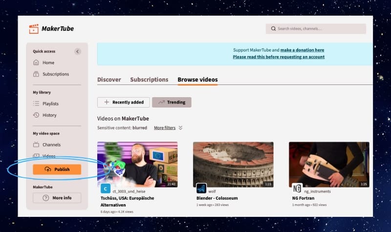 a screenshot of MakerTube's dashboard with the orange button "Publish" in the navigation column on the left, circled in blue