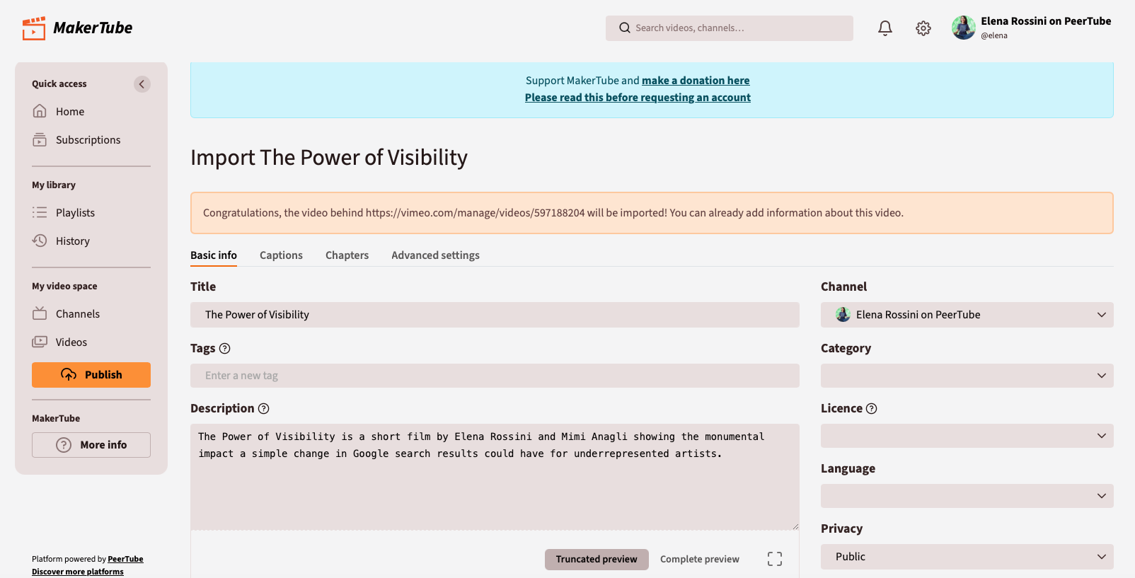 a screenshot from PeerTube's import interface that shows that the video title and description were automatically imported from Vimeo