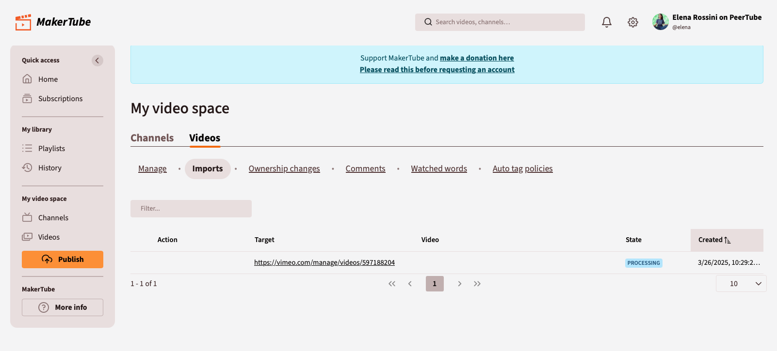 a screenshot of the PeerTube interface showing the URL of the video to be imported from Vimeo and the state "Processing"