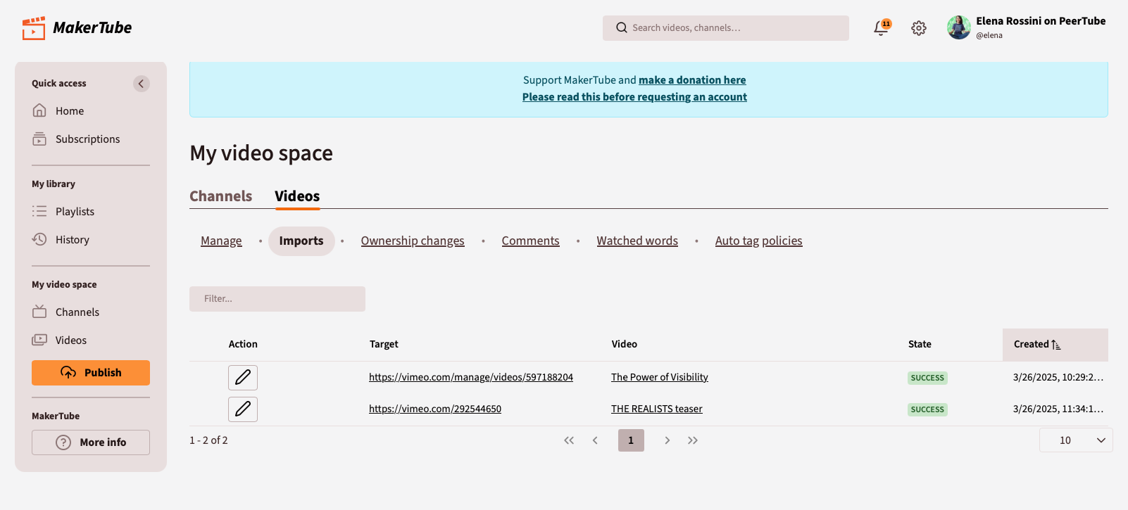 a screenshot of the PeerTube interface showing the video I had imported - with the original Vimeo URL and the state "Success" in green