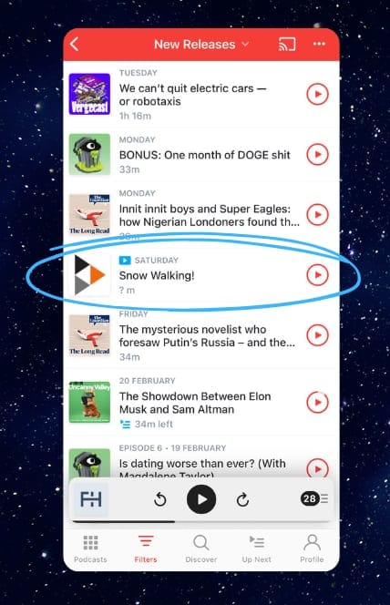 a screenshot showing New Releases in my Pocket Casts app. I have circled in blue how a new PeerTube video (by Franz Graf) appears in the feed amongst podcast episodes