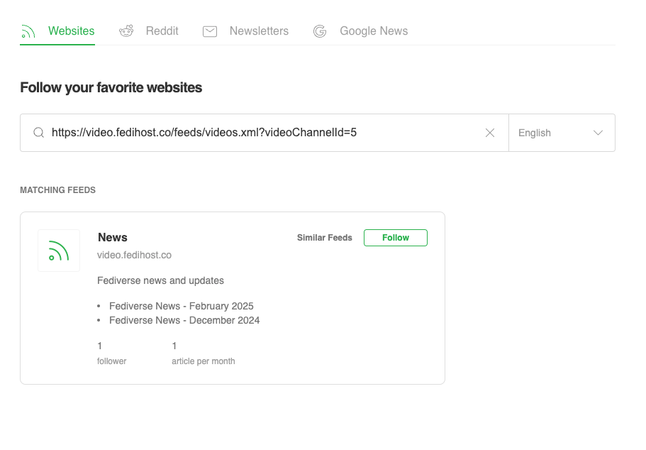 a screenshot from Feedly showing how the PeerTube channel FediHost News appears, after pasting its URL