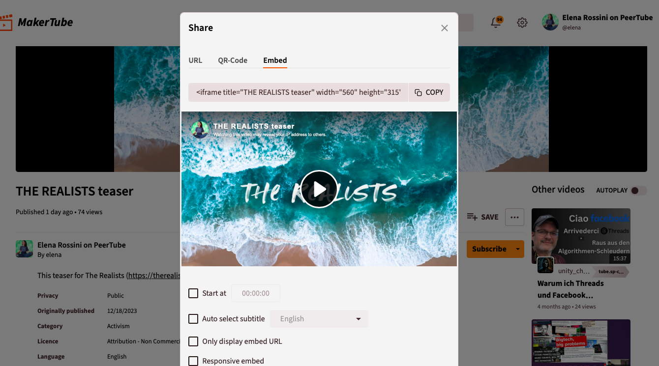 a screenshot from my PeerTube video "Share" page with the code to embed the video on a website