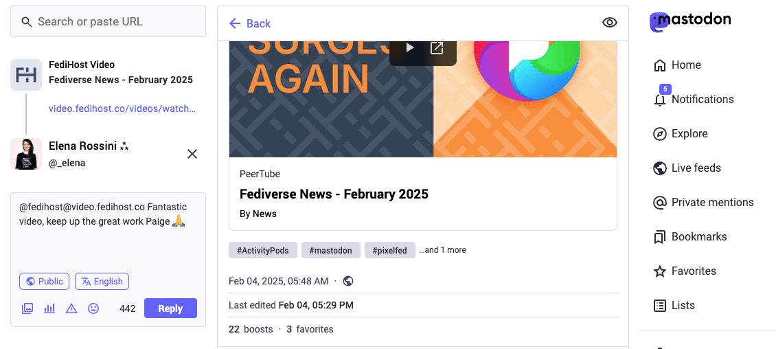 a screenshot from my Mastodon web client showing how I can comment on the PeerTube video by FediHost. I write in the comment box "Fantastic video, keep up the great work Paige"