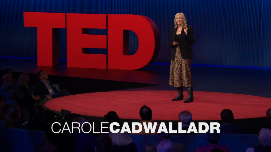 a screenshot from Carole Cadwalladr's recent TED Talk, showing her on stage