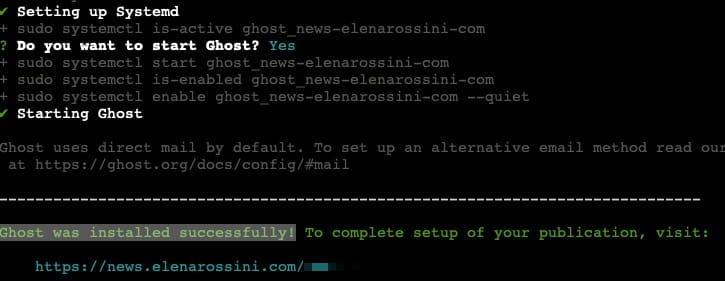 a screenshot from Terminal showing my successful Ghost installation