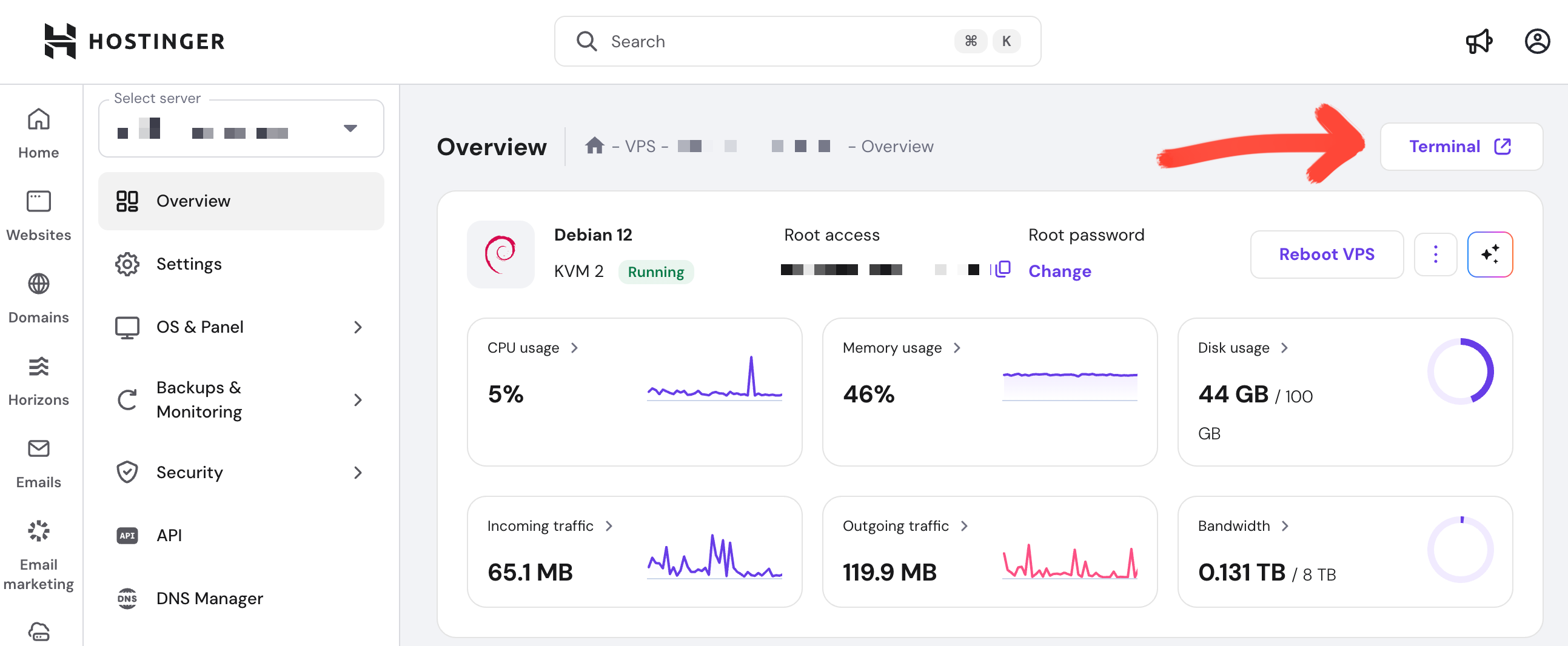 the photo of the Dashboard on Hostinger showing a handdrawn red arrow that points to the button "Terminal"