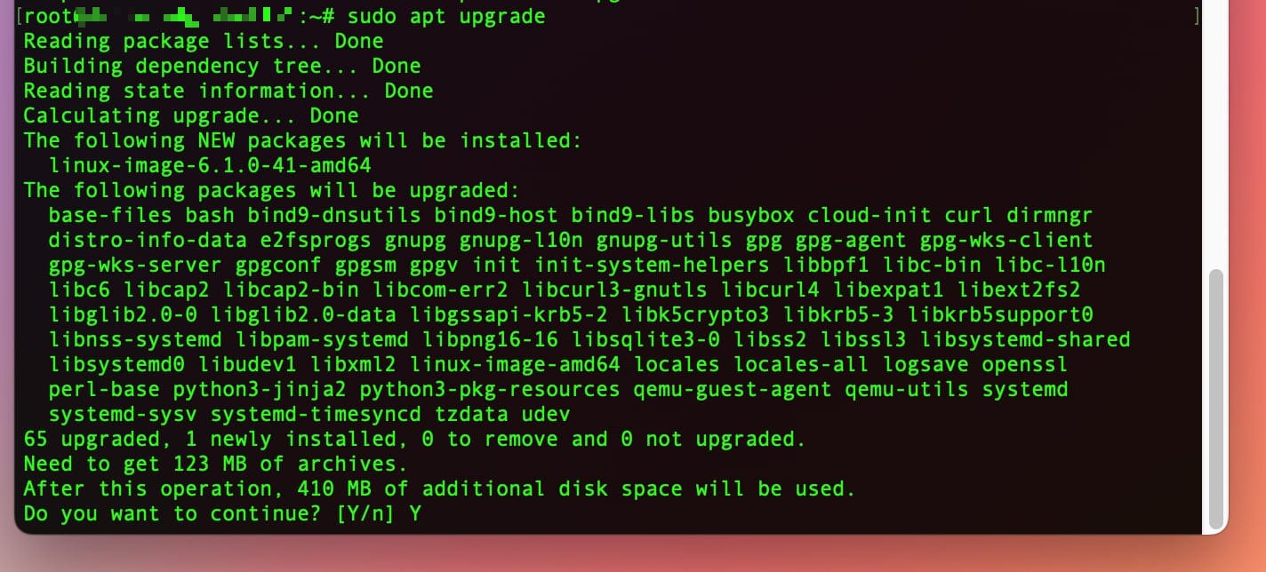 a Terminal window showing the code that appears after running the prompt "sudo apt upgrade" basically showing the packages that will be upgraded. then terminal asks "Do you want to continue?"