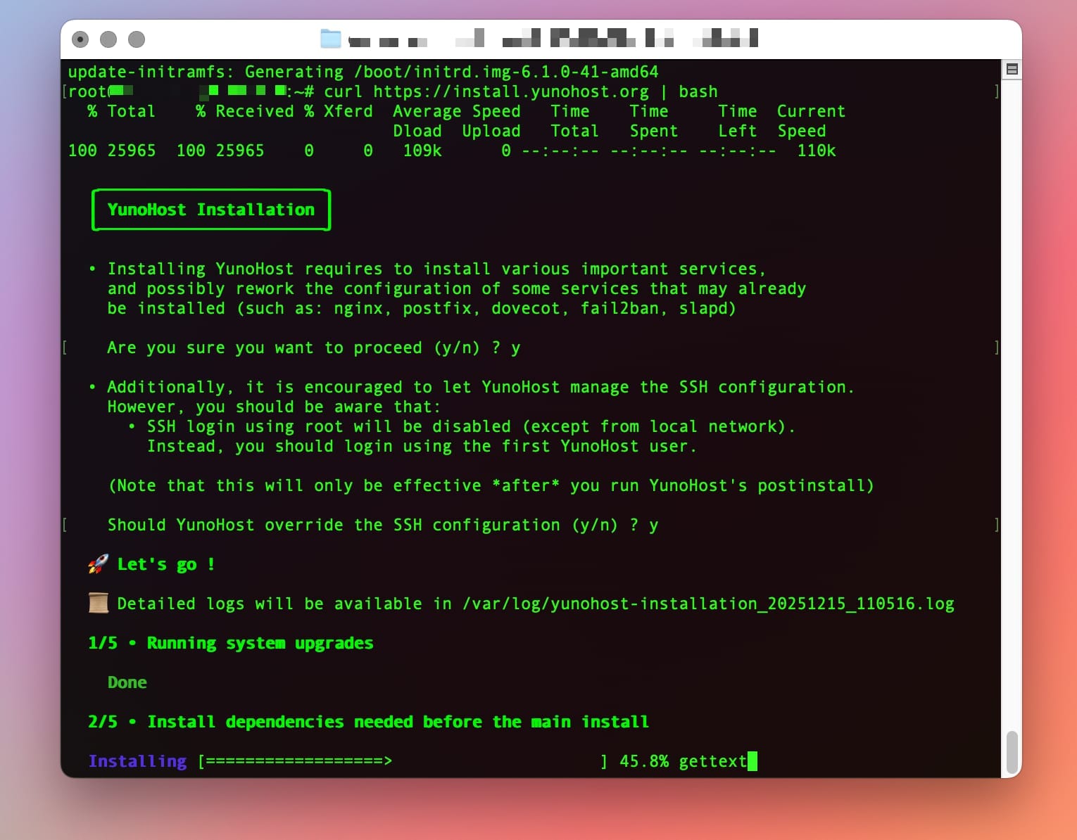 a screenshot of Terminal showing the prompts by YunoHost asking to confirm if you want to proceed and then the start of the installation