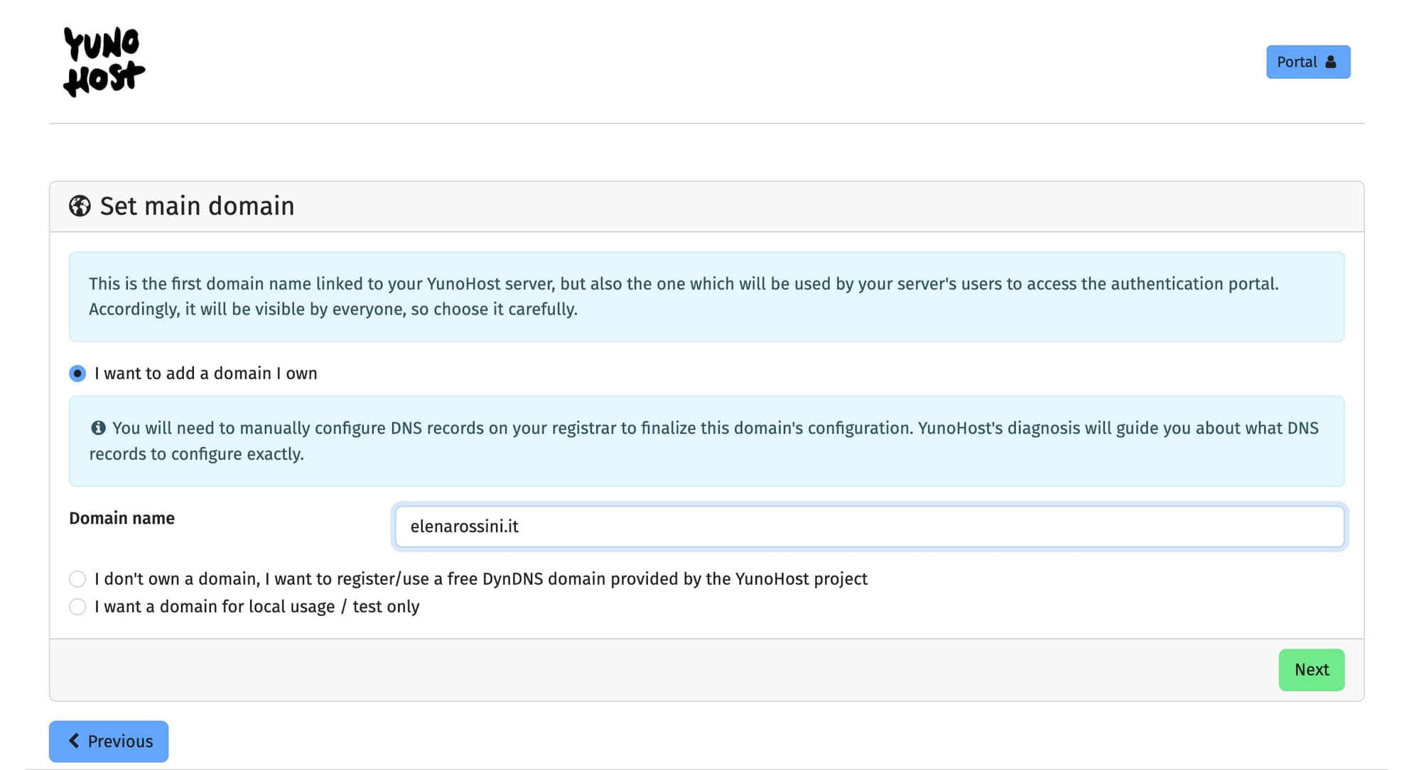 a web page with the YunoHost logo with a header that reads "Set main domain" and a field to manually enter your domain name