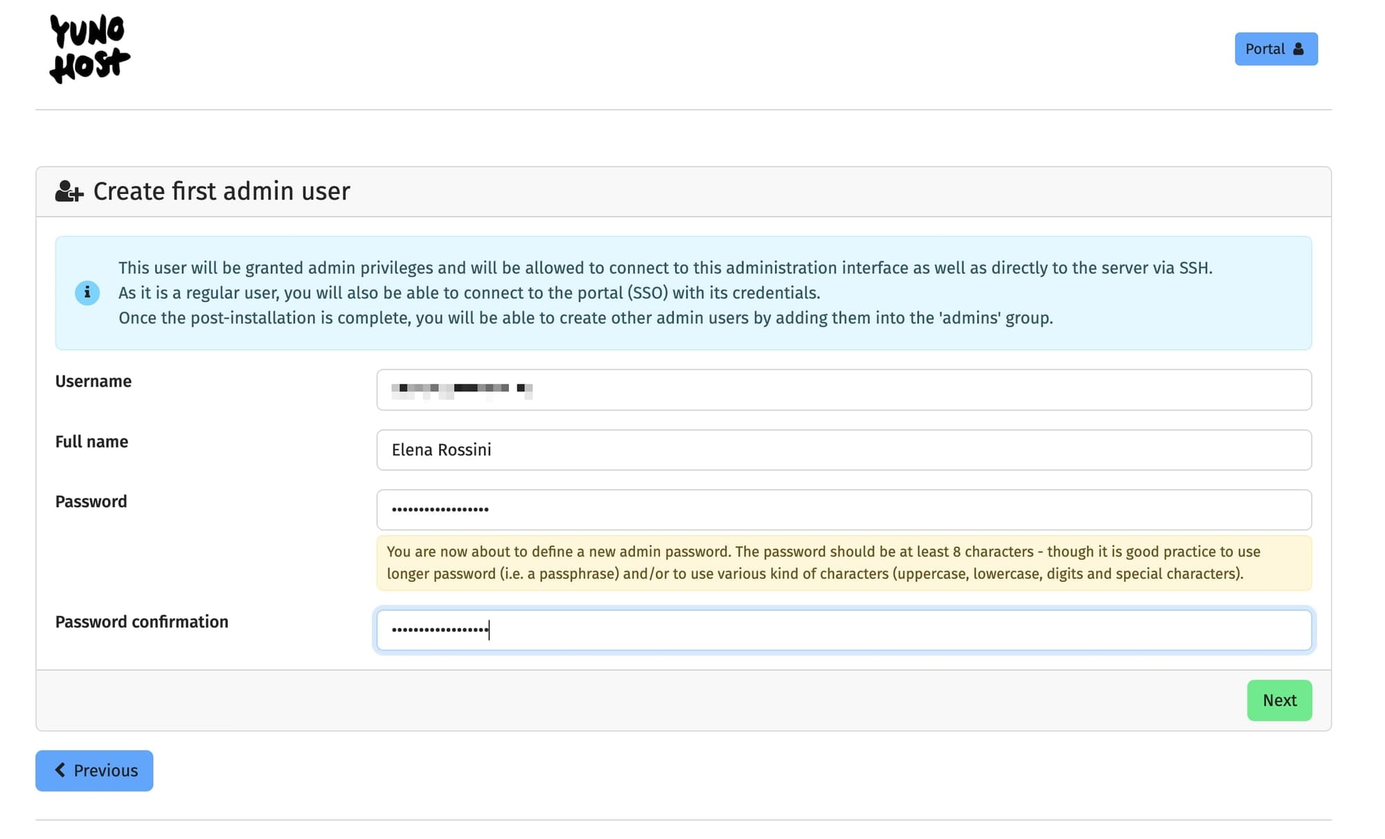 the screenshot of a page with the YunoHost logo with the title "create first admin user" and fields to enter a username, full name and password