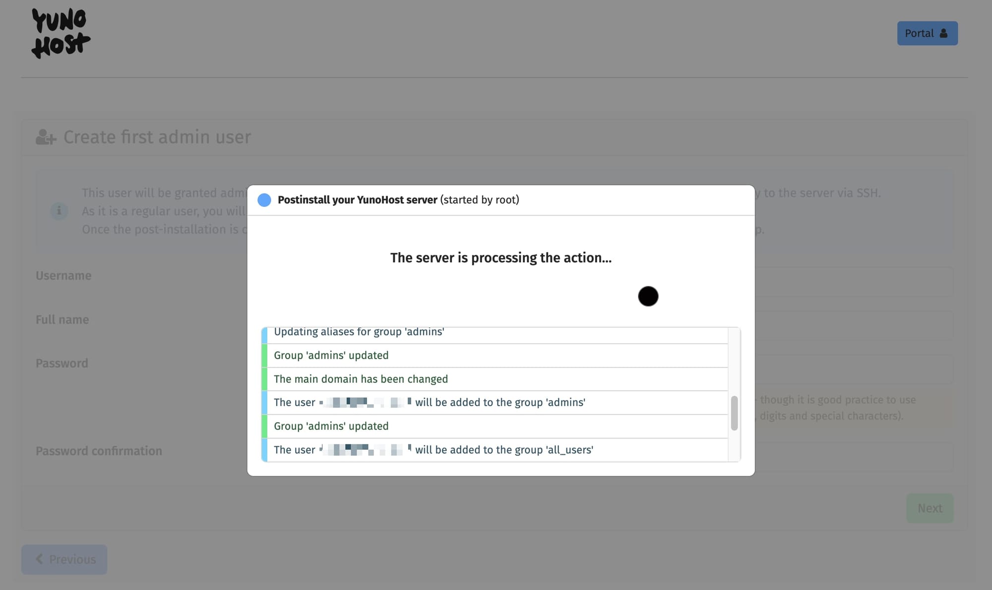 the screenshot of the admin dashboard with a window that says "The server is processing the action" and listing all the things it's doing