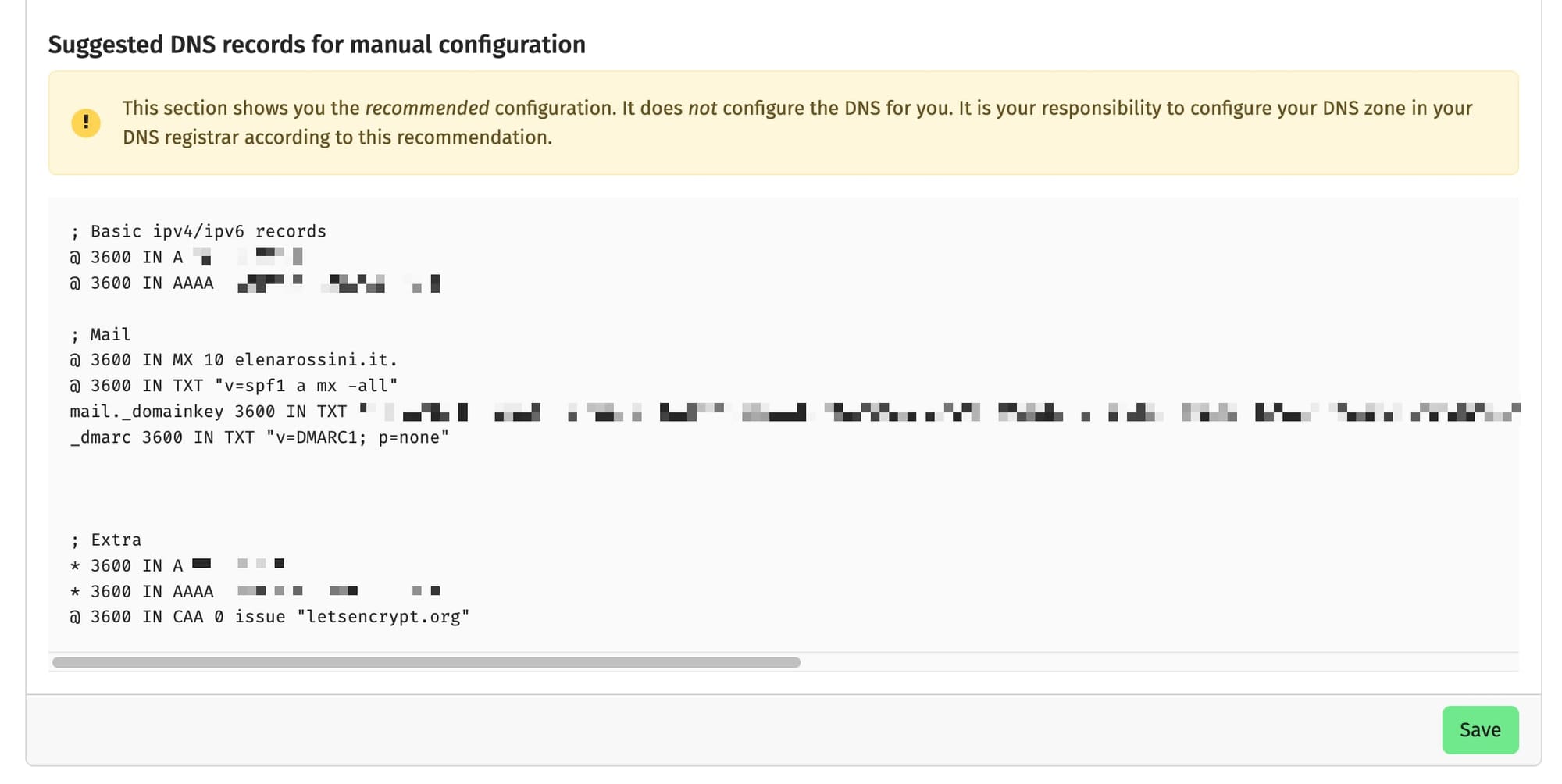 a screenshot of the webpage with Suggested DNS records for manual configuration, listing recommended settings for A, AAAA, TX, MX and CAA records