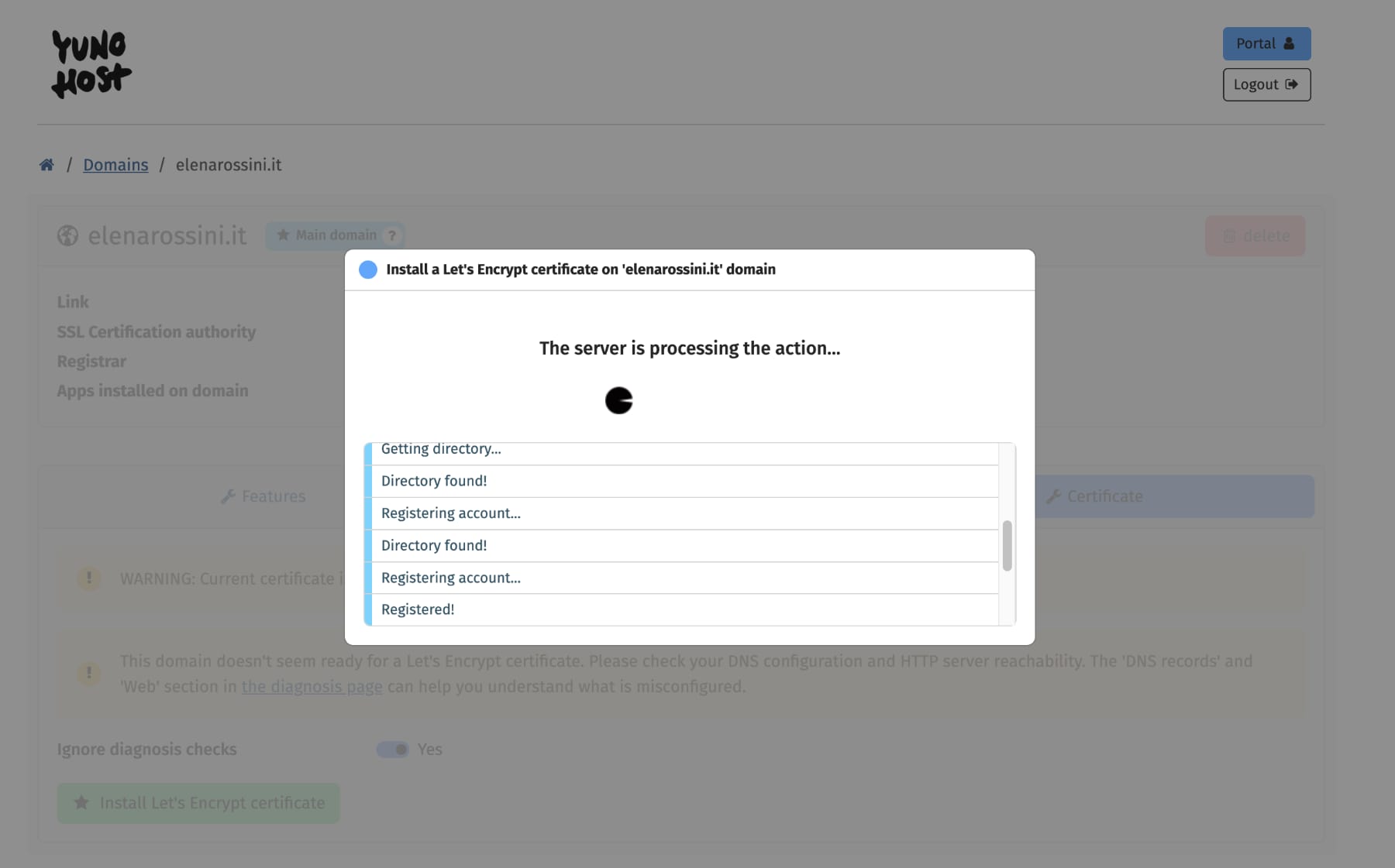 a screenshot of the page "Domains" with a white window on top saying "Install a Let's Encrypt certificate on elenarossini.it domain... the server is processing the action"
